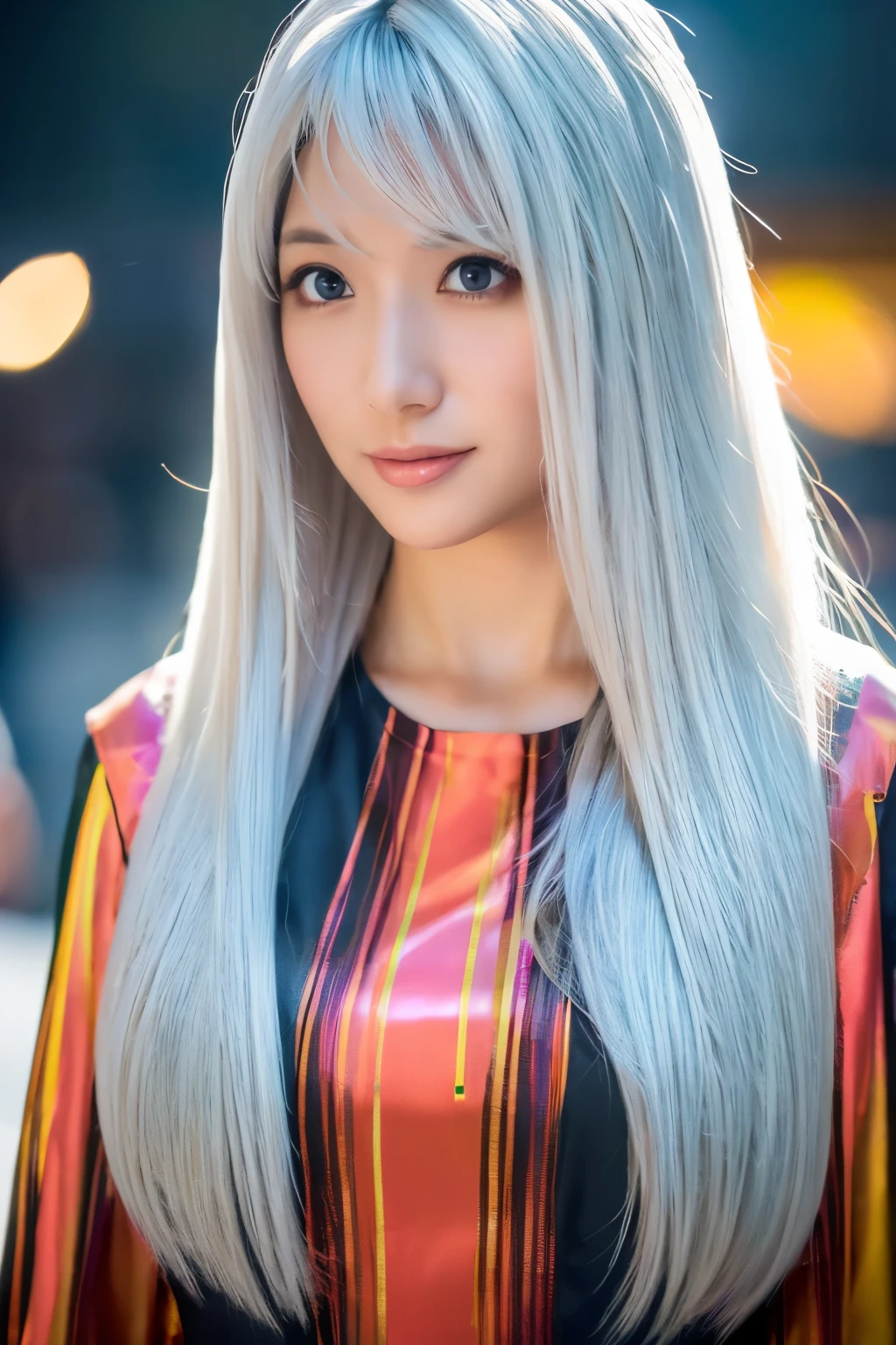 Masterpiece, high quality, high resolution, 8K, (solo:1.2), ((1girl)), Japanese woman, detailed face, detailed eyes, correct body structure, upper body, ((White hair:1.2)), very long hair, messy hair, slender body, seductive silhouette, luminous bones, depth of field, dark photo at nighttime, dimly lit, bangs, Cinematic Lighting, Tyndall effect, abstract background, futuristic outfits, vibrant colors, modern style, wide sleeves, artistic, unique patterns, colorful, stylish, trendy