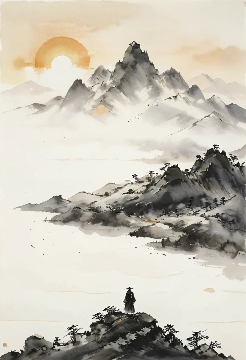 (Lots of white space:1.5)，(Lots of white space around:1.6), White background, simple, Minimalism, abstract,Freehand，Aesthetic，black and white，Ink Painting，antiquity，sunrise，a mountain，A person far away