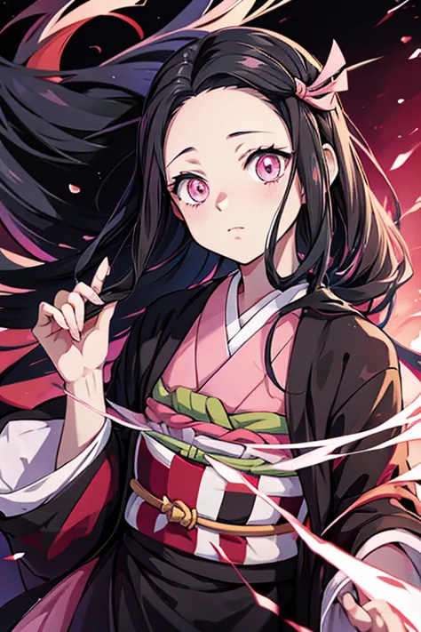 anime,nezuko kamado,demon slayers series,anime series , wide four head,pink pupils,pink kimono with green and black belt, long b...