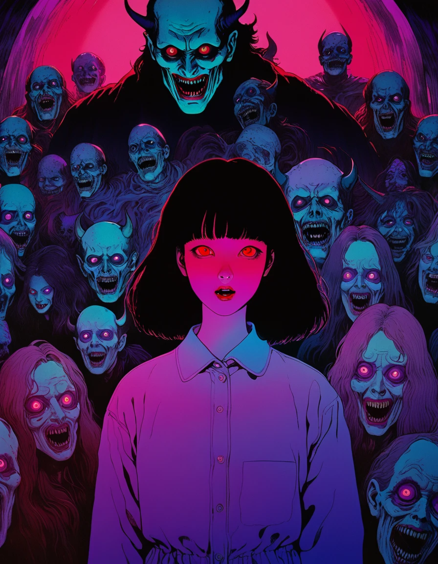 illust、art、from 80s horror movie, directed by Junji Ito、nightmare、hell、devil、high detail, realsitic shadow、Analog style, vhs style, 8mm film, chromatic aberration, Dvd screengrab、Blue-purple and red-purple gradation、Surrealism