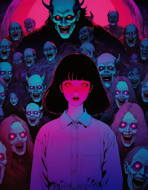 illust、art、from 80s horror movie, directed by Junji Ito、nightmare、hell、devil、high detail, realsitic shadow、Analog style, vhs sty...