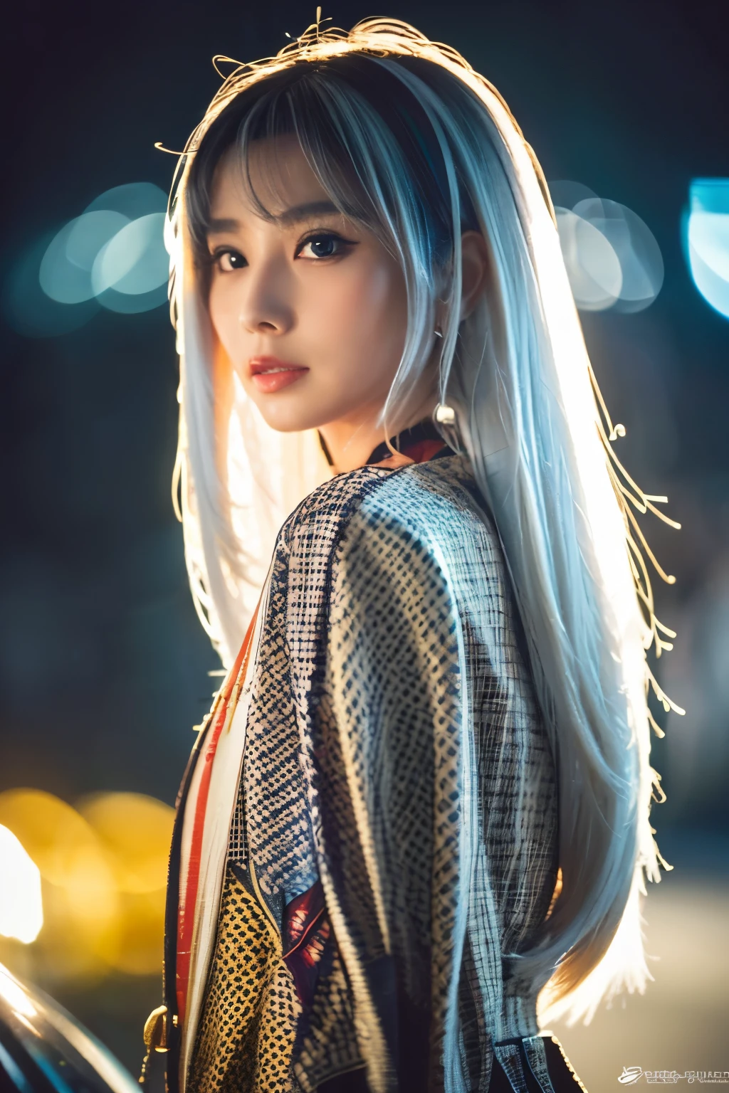 Masterpiece, high quality, high resolution, 8K, (solo:1.2), ((1girl)), Japanese woman, detailed face, detailed eyes, correct body structure, upper body, ((White hair:1.2)), very long hair, messy hair, slender body, seductive silhouette, luminous bones, depth of field, dark photo at nighttime, dimly lit, bangs, Cinematic Lighting, Tyndall effect, abstract background, futuristic outfits, vibrant colors, modern style, wide sleeves, artistic, unique patterns, colorful, stylish, trendy