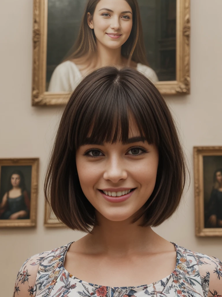 1 chica, solo, Realista, su nombre es cathlyn, ella es una morena caucásica, 30 años, cara y cuerpo maduros, sonriente, cabello corto with bangs, regordete, vistiendo un vestido estampado dentro del Museo del Louvre en París, (((plano general))), cabello corto