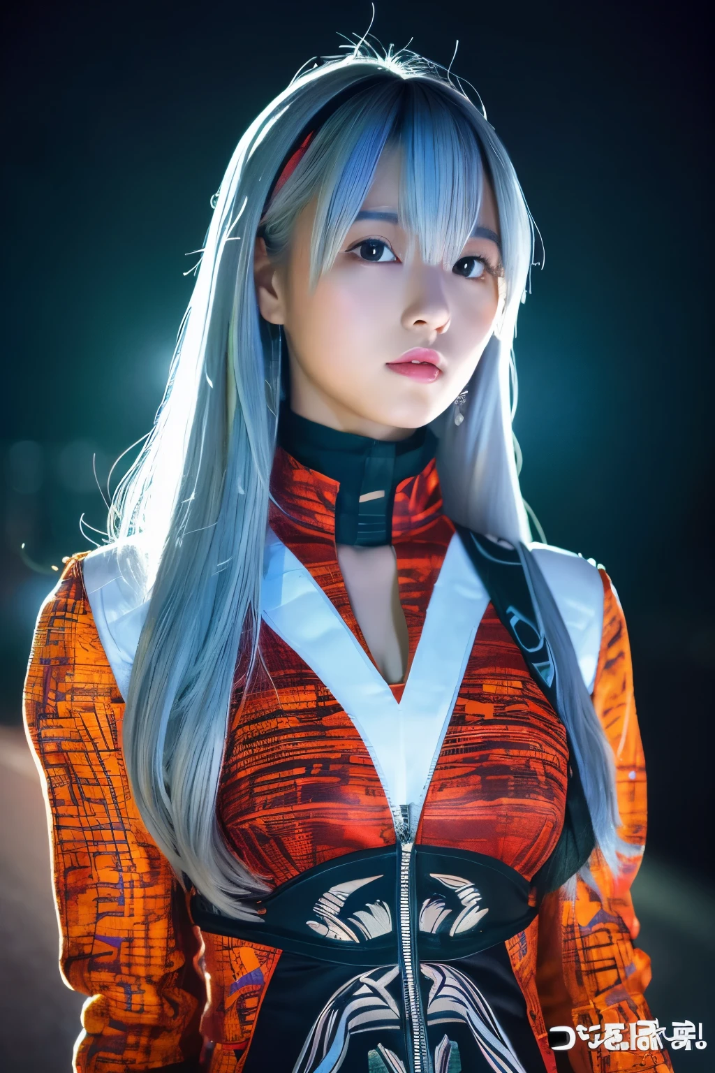 Masterpiece, high quality, high resolution, 8K, (solo:1.2), ((1girl)), Japanese woman, detailed face, detailed eyes, correct body structure, upper body, ((White hair:1.2)), very long hair, messy hair, slender body, seductive silhouette, luminous bones, depth of field, dark photo at nighttime, dimly lit, bangs, Cinematic Lighting, Tyndall effect, abstract background, futuristic outfits, vibrant colors, modern style, wide sleeves, artistic, unique patterns, colorful, stylish, trendy