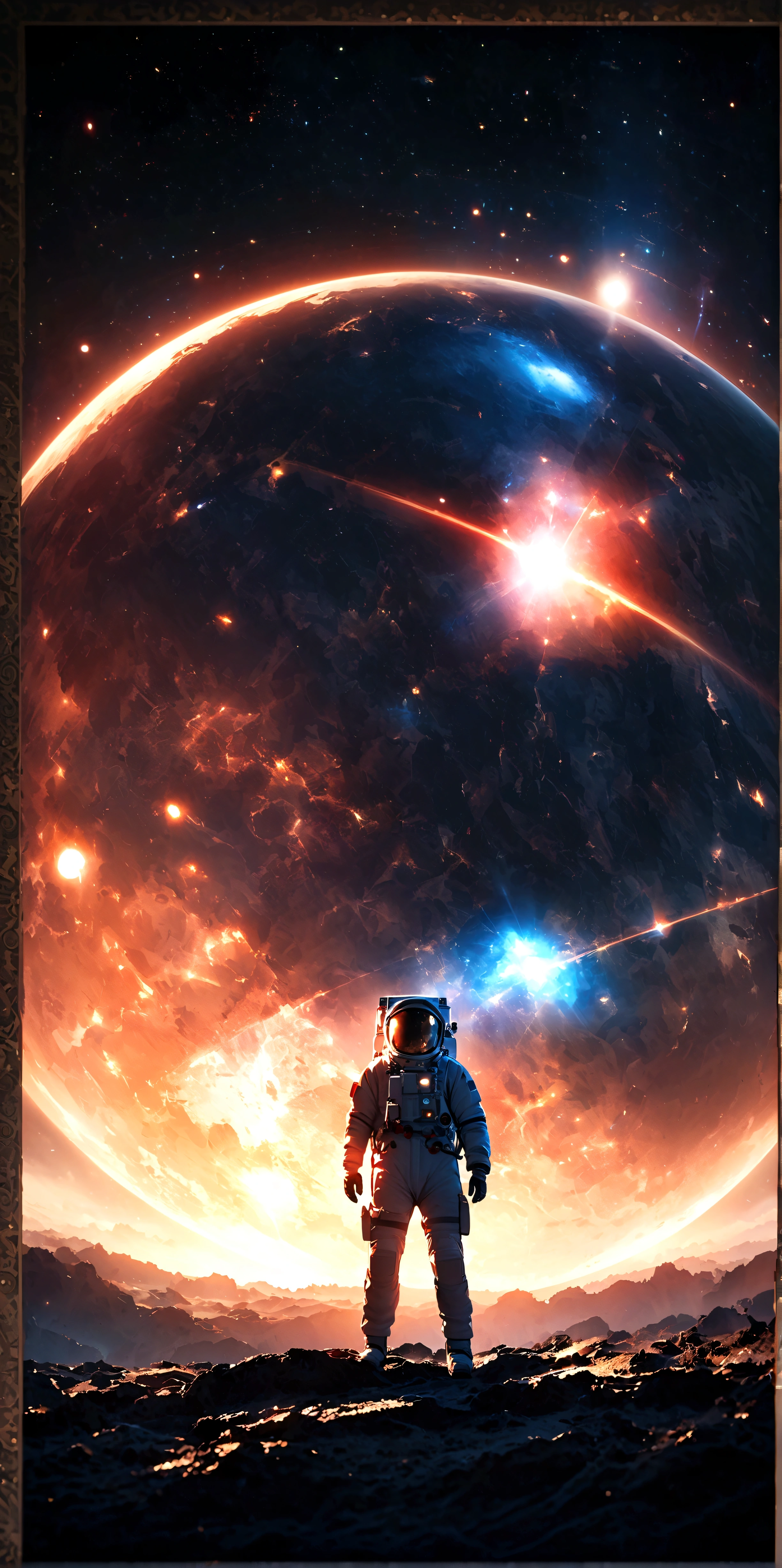 quality\(8k,wallpaper of extremely detailed CG unit, ​masterpiece,hight resolution,top-quality,top-quality real texture skin,hyper realisitic,increase the resolution,RAW photos,best qualtiy,highly detailed,the wallpaper,cinematic lighting,ray trace,golden ratio\), BREAK ,solo,1astronaut wearing space suit floating aimlessly in the galaxy\(dark,beautiful,beautiful stars\) and behind him a beautiful dazzling sun surely rising from behind the large beautiful (blue earth:1.6),(long shot:1.5)