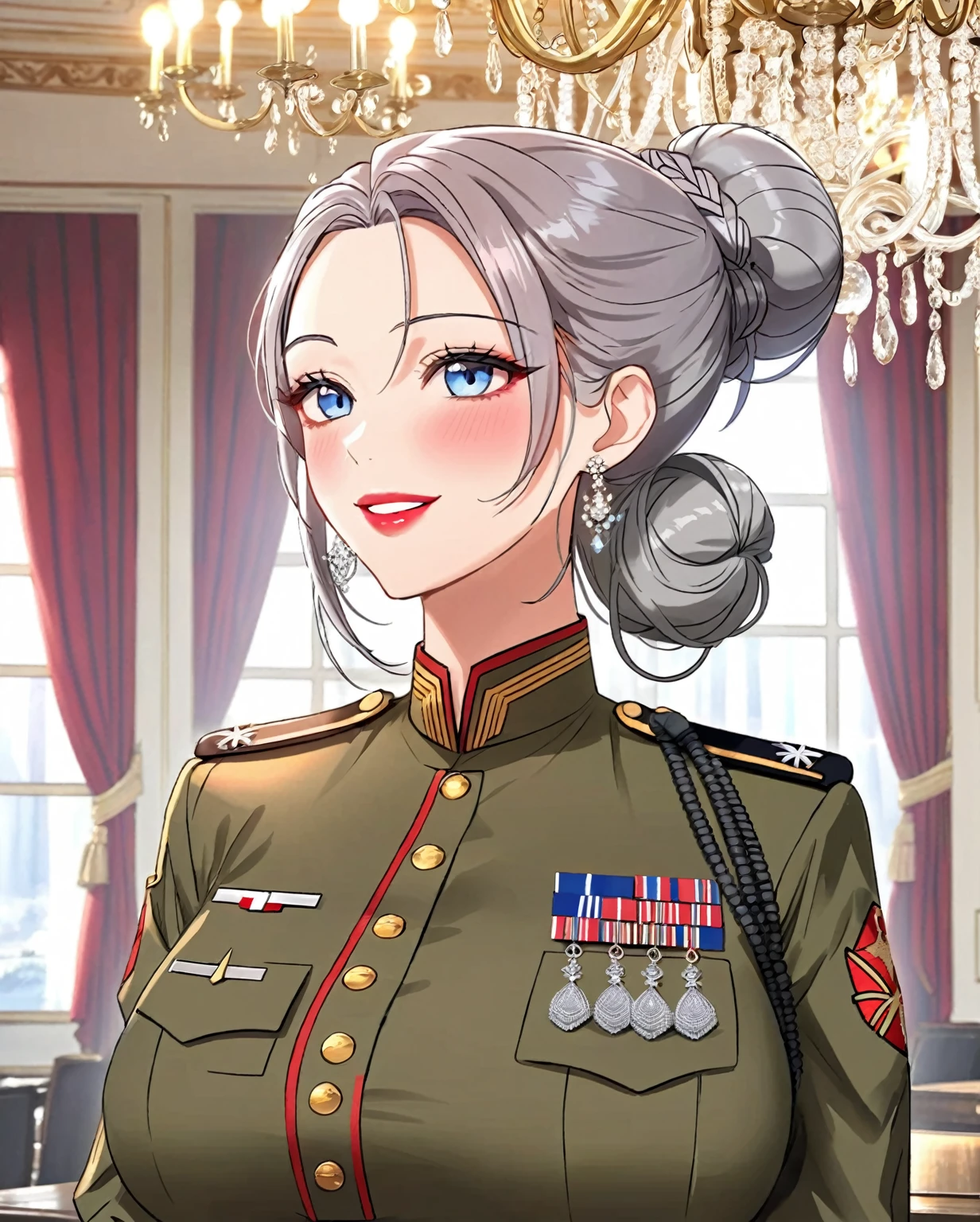 Hot sexy beautiful one women military officer commanding soldier on battlefield,  long silver chandelier earrings,big breasts, ,grey hair ,  hair bun,blush,blue eyes, smiling,red lipstick, military sergeant uniform 