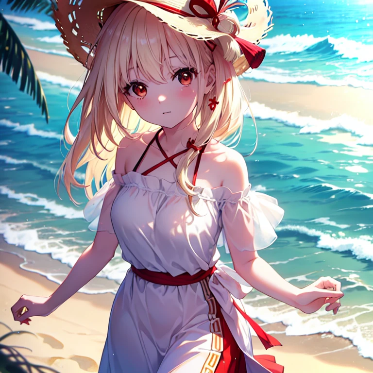 chisatonishikigi, Nishikigi chisato,long hair , bangs, blonde hair, (red eyes:1.5), ,smile,blush,open your mouth,Big straw hat,off shoulder dress,long skirt,naked neck,bare shoulders,bare clavicle,Grabbing the skirt with both hands and lifting it up,barefoot,While walking along the sandy beach,Blonde hair waving in the breeze, true summer,Light of the sun,
BREAK outdoors,beach ,
BREAK looking at viewer, (cowboy shot:1.5),
BREAK (masterpiece:1.2), highest quality, High resolution, unity 8k wallpaper, (figure:0.8), (detailed and beautiful eyes:1.6), highly detailed face, perfect lighting, Very detailed CG, (perfect hands, perfect anatomy),