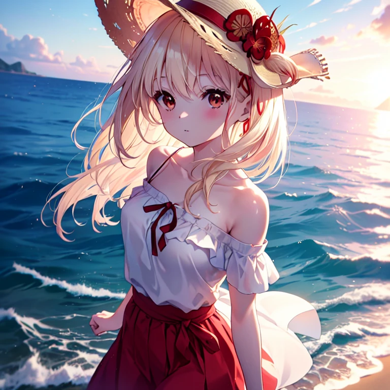 chisatonishikigi, Nishikigi chisato,long hair , bangs, blonde hair, (red eyes:1.5), ,smile,blush,open your mouth,Big straw hat,off shoulder dress,long skirt,naked neck,bare shoulders,bare clavicle,Grabbing the skirt with both hands and lifting it up,barefoot,While walking along the sandy beach,Blonde hair waving in the breeze, true summer,Light of the sun,
BREAK outdoors,beach ,
BREAK looking at viewer, (cowboy shot:1.5),
BREAK (masterpiece:1.2), highest quality, High resolution, unity 8k wallpaper, (figure:0.8), (detailed and beautiful eyes:1.6), highly detailed face, perfect lighting, Very detailed CG, (perfect hands, perfect anatomy),