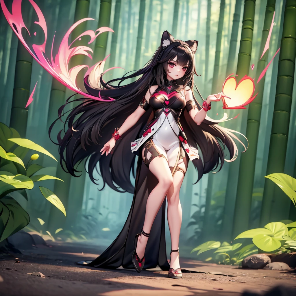 Seizo Watase style, Simple Line Initialism，Abstract art, 3d character, colorful hearts ,(((The most beautiful girl of all time))),  (full body 1.2), only girl, 2 burn hair, jungle background, 25 year old, full body, (((8k))),, (((3d))),, black hair, black silicon dress