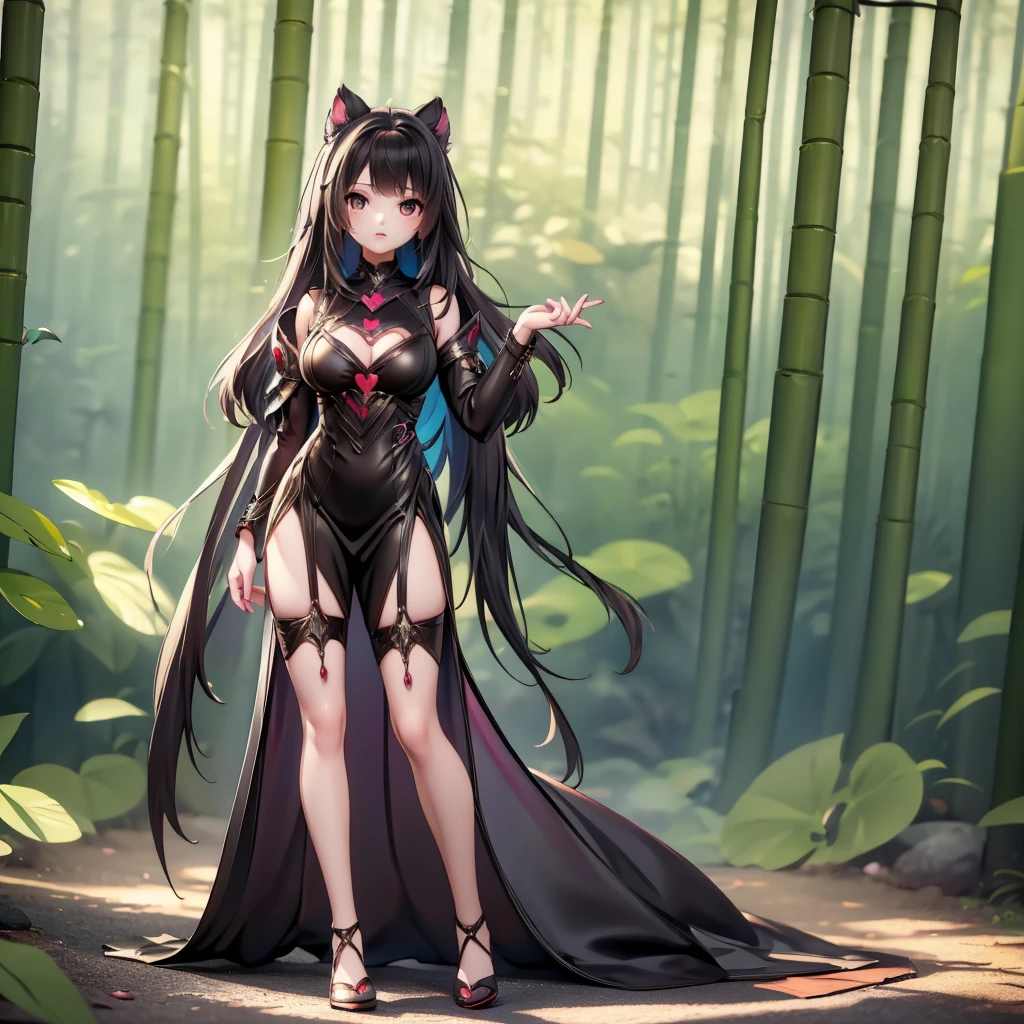 Seizo Watase style, Simple Line Initialism，Abstract art, 3d character, colorful hearts ,(((The most beautiful girl of all time))),  (full body 1.2), only girl, 2 burn hair, jungle background, 25 year old, full body, (((8k))),, (((3d))),, black hair, black silicon dress