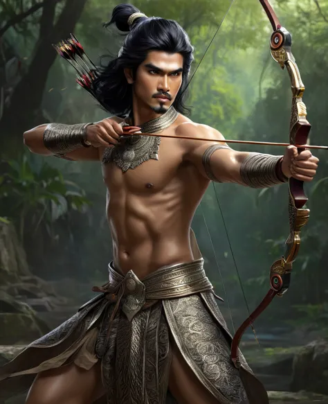 Arjuna in Mahabarata is shooting archery, holding a bow and arrow, Javanese handsome prince, majapahit warrior, long wavy black ...