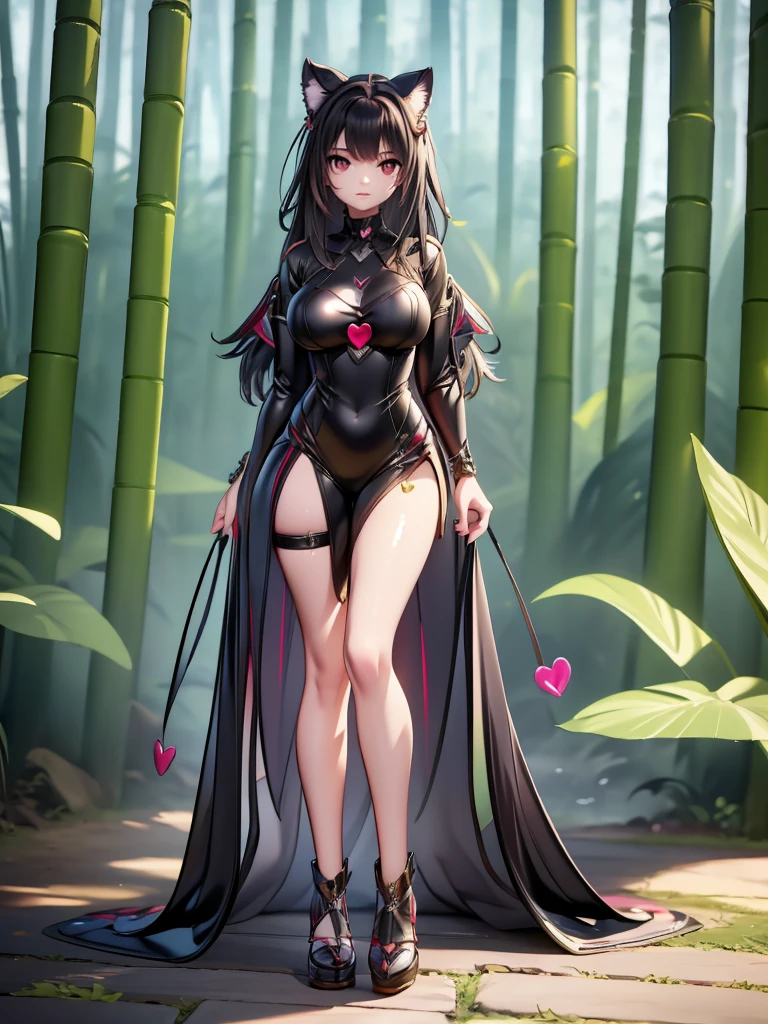 Seizo Watase style, Simple Line Initialism，Abstract art, 3d character, colorful hearts ,(((The most beautiful girl of all time))),  (full body 1.2), only girl, 2 burn hair, jungle background, 25 year old, full body, (((8k))),, (((3d))),, black hair, black silicon Jumpsuit