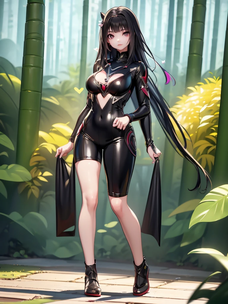 Seizo Watase style, Simple Line Initialism，Abstract art, 3d character, colorful hearts ,(((The most beautiful girl of all time))),  (full body 1.2), only girl, 2 burn hair, jungle background, 25 year old, full body, (((8k))),, (((3d))),, black hair, black silicon Jumpsuit