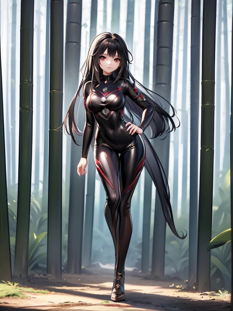 Seizo Watase style, Simple Line Initialism，Abstract art, 3d character, colorful hearts ,(((The most beautiful girl of all time))),  (full body 1.2), only girl, 2 burn hair, jungle background, 25 year old, full body, (((8k))),, (((3d))),, black hair, black silicon Jumpsuit
