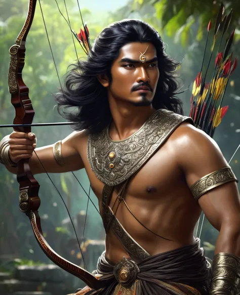 ((best quality)), ((masterpiece)), (detailed), Arjuna in Mahabarata is shooting archery, holding a bow and arrow, Javanese hands...