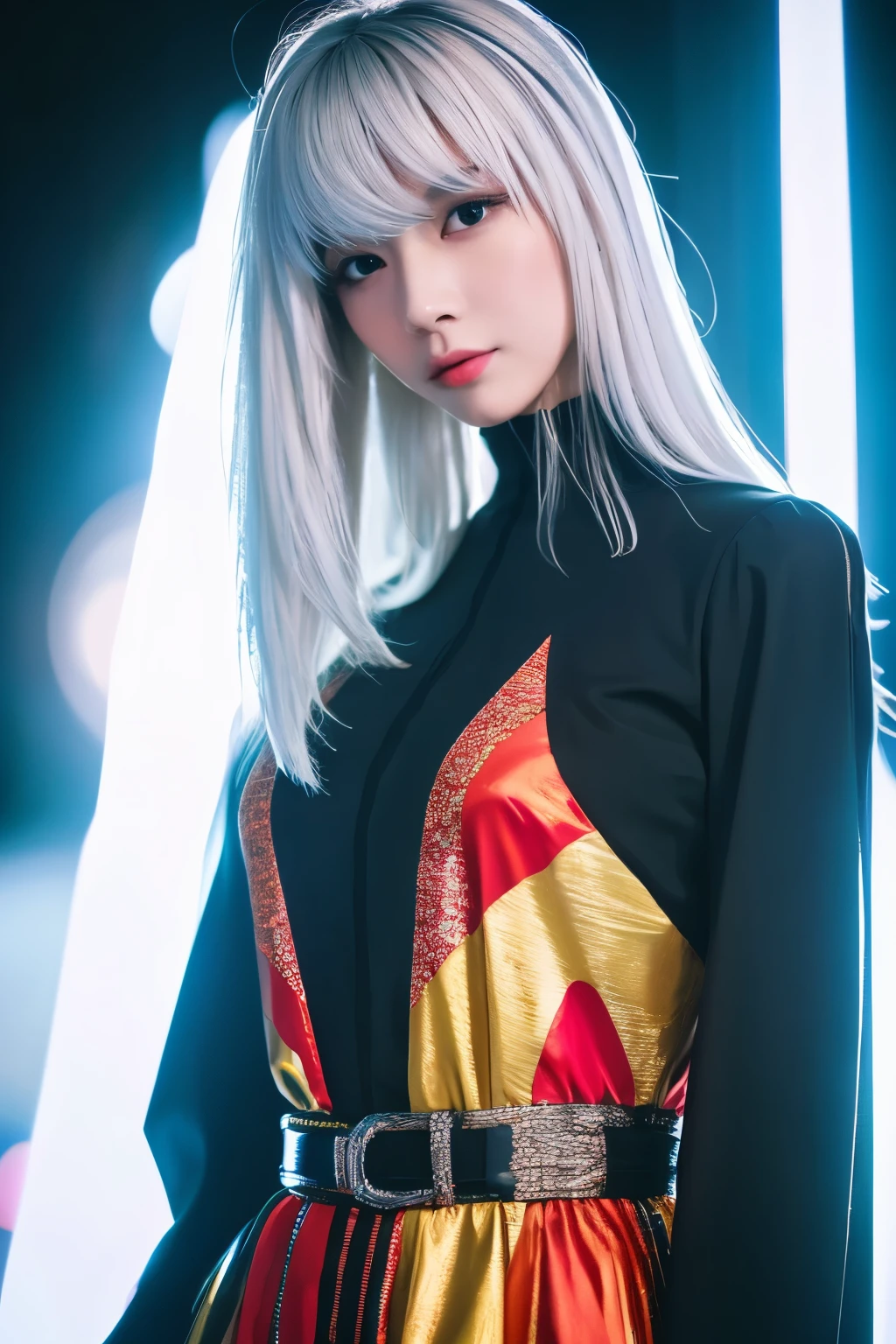 Masterpiece, high quality, high resolution, 8K, (solo:1.2), ((1girl)), Japanese woman, detailed face, detailed eyes, correct body structure, upper body, ((White hair:1.2)), very long hair, messy hair, slender body, seductive silhouette, luminous bones, depth of field, dark photo at nighttime, dimly lit, bangs, Cinematic Lighting, Tyndall effect, abstract background, futuristic outfits, vibrant colors, modern style, wide sleeves, artistic, unique patterns, colorful, stylish, trendy