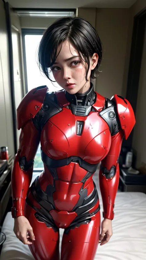 Highest quality　8k Red Cyborg Suit Girl　Middle-aged women　Sweaty face　cute　short hair　boyish　Very short hair　Steam coming out of...
