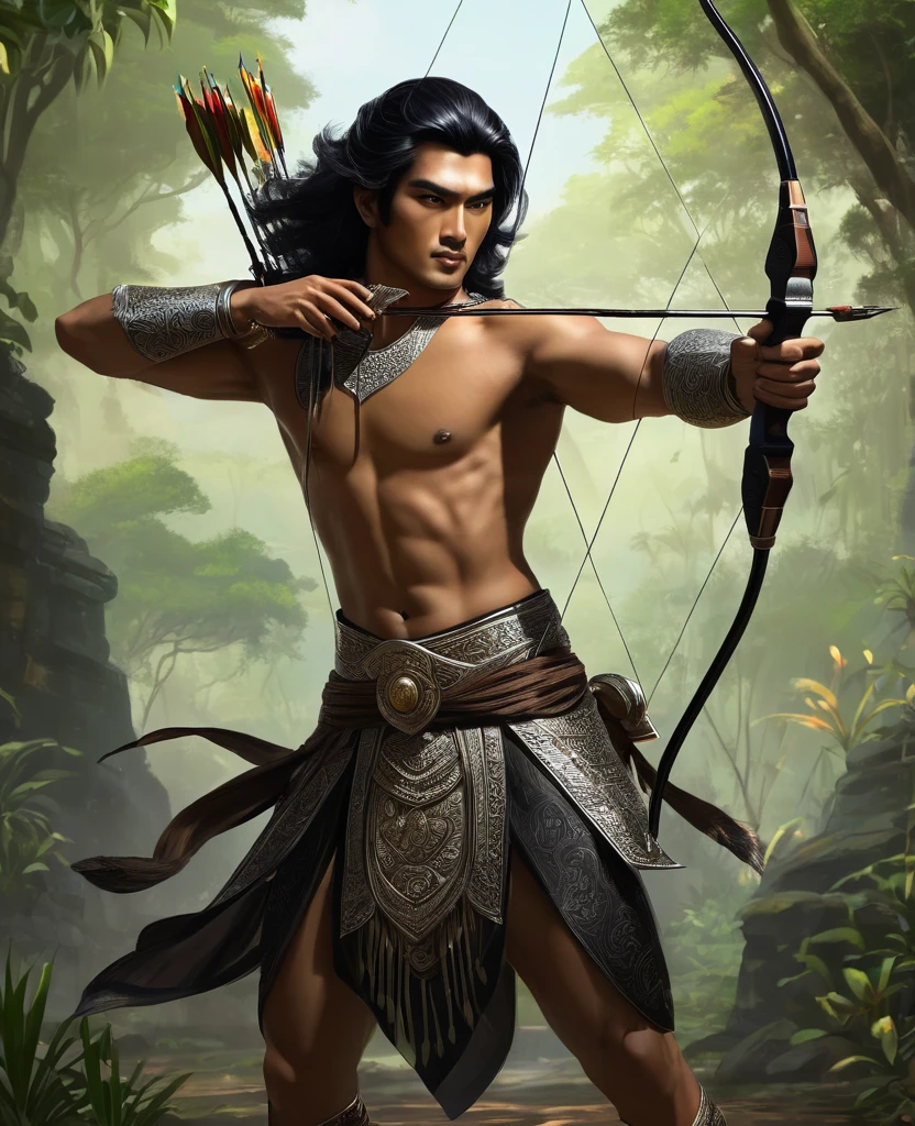 Arjuna in Mahabarata is shooting archery, holding a bow and arrow, Javanese handsome prince, majapahit warrior, long wavy black hair, hair tied up, wide eyes looking sharp and firm, very handsome face, bare chested, wearing ancient Javanese knight jawelry, realistic, background black, fantasy, intricate, elegant, highly detailed, digital painting, art station, concept art, 4k, complete body