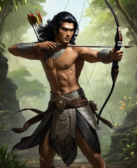 Arjuna in Mahabarata is shooting archery, holding a bow and arrow, Javanese handsome prince, majapahit warrior, long wavy black ...