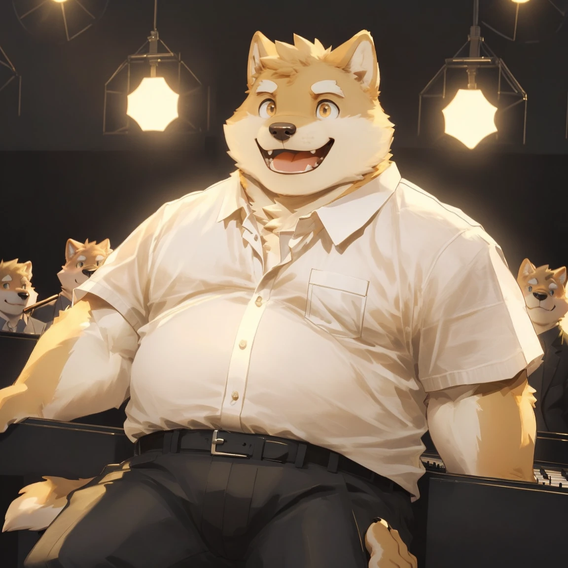 masterpiece, best quality, 8k resolution, Very detailed, hairy，Shiba Inu，(Black hair)，(((golden fur)))，(((Golden Eyes)))，Chubby，Chubby face，(((White shirt)))，(((Loose shirt)))，((Black pants))，(((For the audience)))，Highest quality scene，(((Solitary)))，(((solitary)))，portrait，((play piano))，((light))，((Gentle))，(((Facing the audience)))，(((earnest)))，(((Round face)))，(((Smiling)))