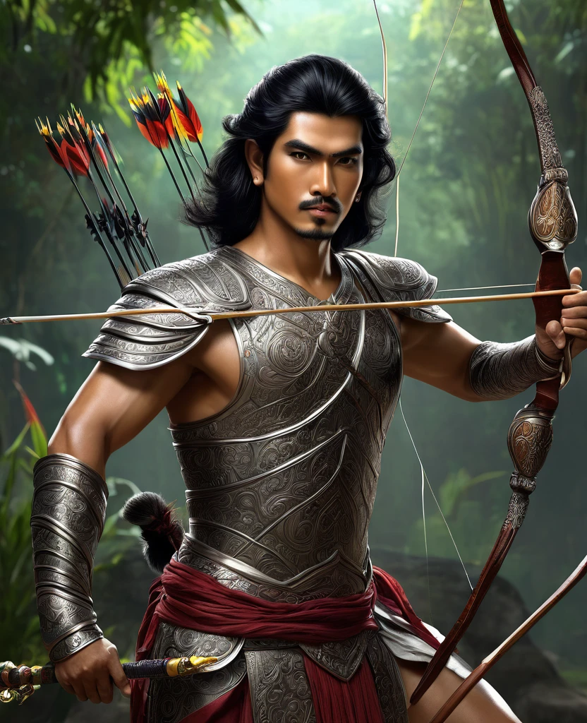 Arjuna in Mahabarata is shooting archery, holding a bow and arrow, Javanese handsome prince, majapahit warrior, long wavy black hair, hair tied up, wide eyes looking sharp and firm, very handsome face, bare chested, wearing ancient Javanese knight jawelry, realistic, background black, fantasy, intricate, elegant, highly detailed, digital painting, art station, concept art, 4k, complete body