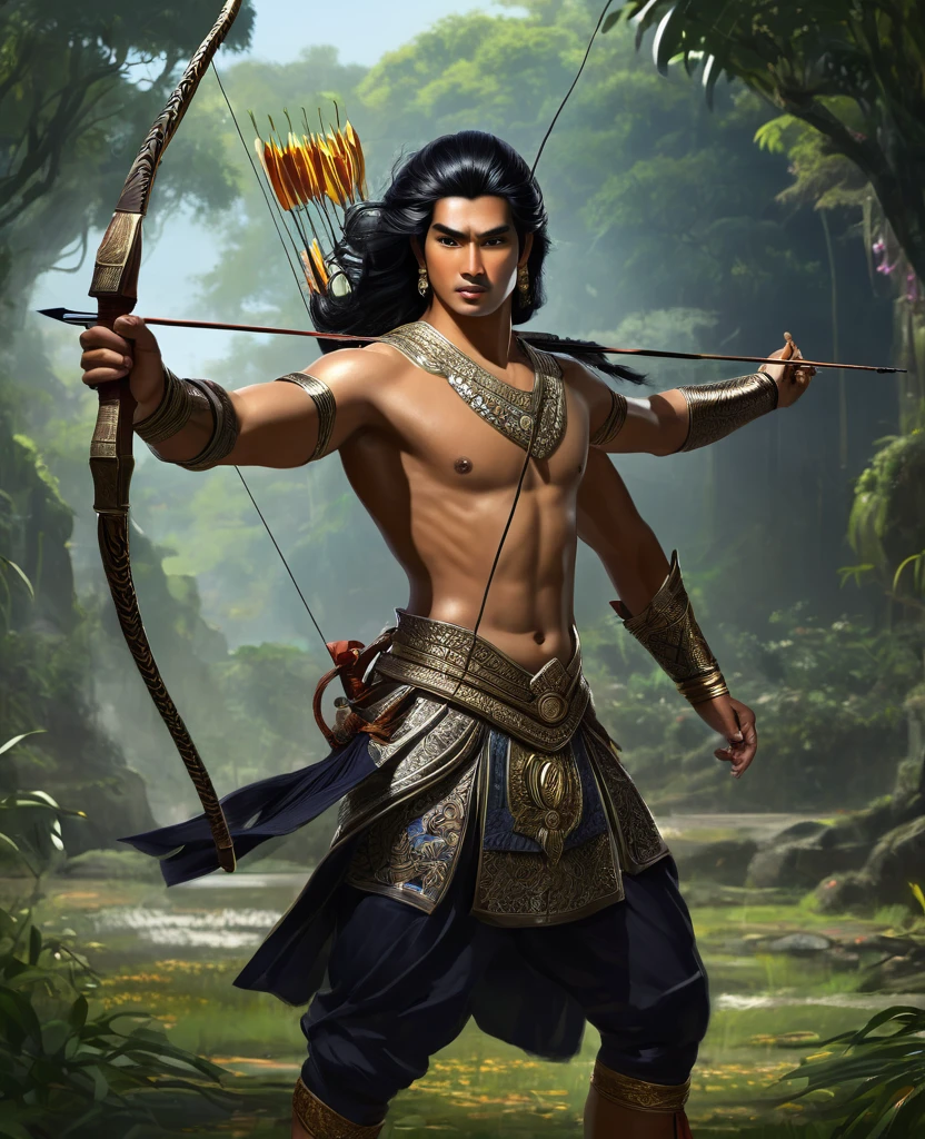 Arjuna in Mahabarata is shooting archery, holding a bow and arrow, Javanese handsome prince, majapahit warrior, long wavy black hair, hair tied up, wide eyes looking sharp and firm, very handsome face, bare chested, wearing ancient Javanese knight jawelry, realistic, background black, fantasy, intricate, elegant, highly detailed, digital painting, art station, concept art, 4k, complete body