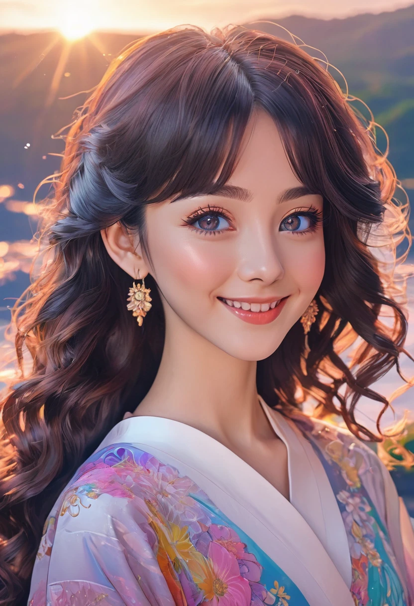 uma linda garota de anime, sorridente, lindos olhos detalhados, lindos lábios detalhados, rosto e cabelo extremamente detalhados, cílios longos, ondular cabelos longos, vestido detalhado e intricado, alta qualidade, 4K, 8K, alta resolução, obra de arte, Ultra-detalhado, estilo anime, profissional, cores vibrantes, iluminação suave, colorida, olhos médios, cabelo arco-íris, assistindo o lindo nascer do sol