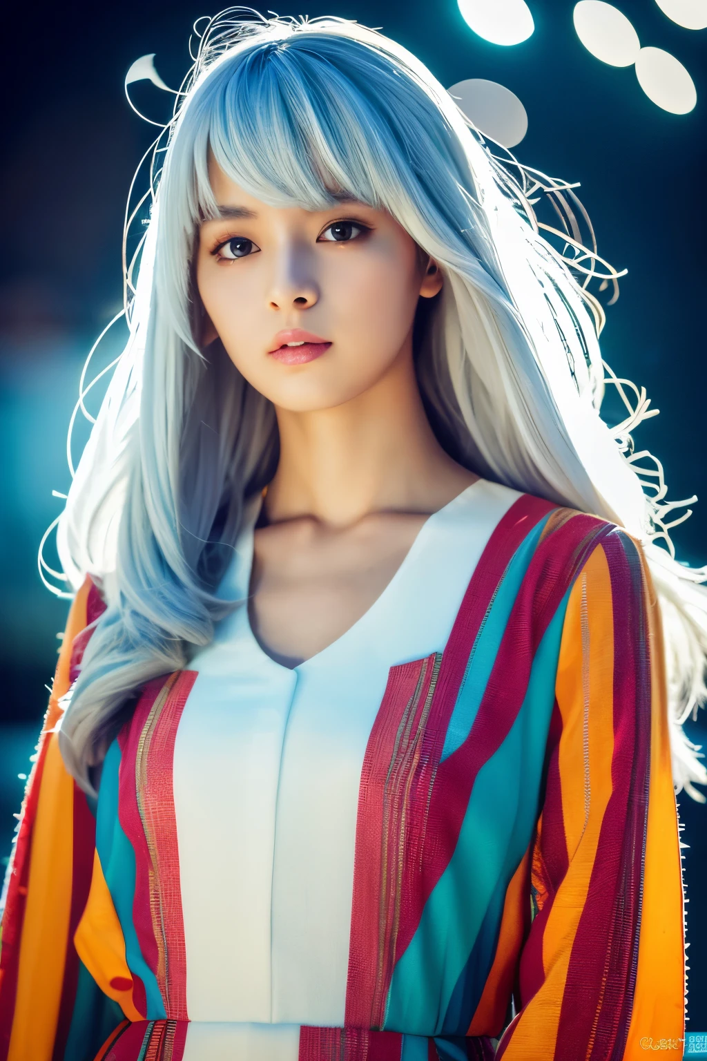 Masterpiece, high quality, high resolution, 8K, (solo:1.2), ((1girl)), Japanese woman, detailed face, detailed eyes, correct body structure, upper body, ((White hair:1.2)), very long hair, messy hair, slender body, seductive silhouette, luminous bones, depth of field, dark photo at nighttime, dimly lit, bangs, Cinematic Lighting, Tyndall effect, abstract background, futuristic outfits, vibrant colors, modern style, wide sleeves, artistic, unique patterns, colorful, stylish, trendy