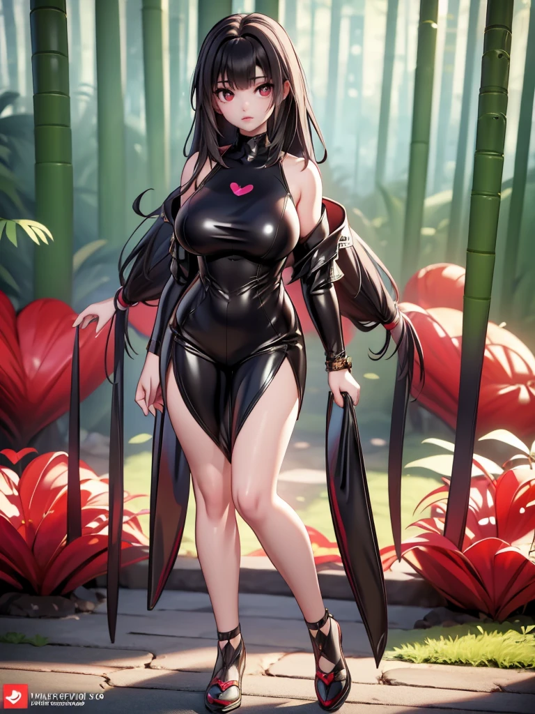 Seizo Watase style, Simple Line Initialism，Abstract art, 3d character, colorful hearts ,(((The most beautiful girl of all time))),  (full body 1.2), only girl, 2 burn hair, jungle background, 25 year old, full body, (((8k))),, (((3d))),, black hair, black silicon Jumpsuit, sort hair
