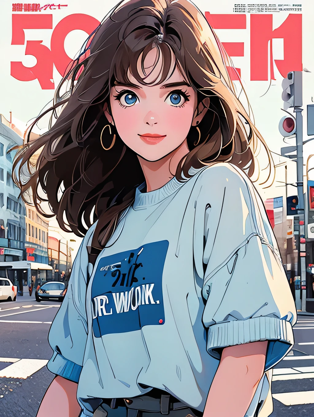 whole body、Upper Body、1 pretty woman、4k、White short-sleeved sweater、pedestrian crossing、Signal 、intersection、Complex background、Detailed Hair、smile、Blue Eyes、Light brown hair, with a cute otter, magazine cover, city, signal.