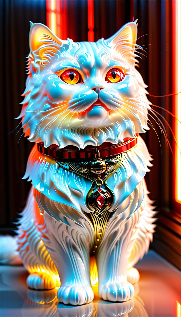 There is no one, realistic photo, realism, Persian (persian) cat, future oriented, metal decoration, Shining red light inside, hollow interior, Polish, ray tracing, perfect composition, intricate details, Very sharp, masterpiece, profile, high resolution