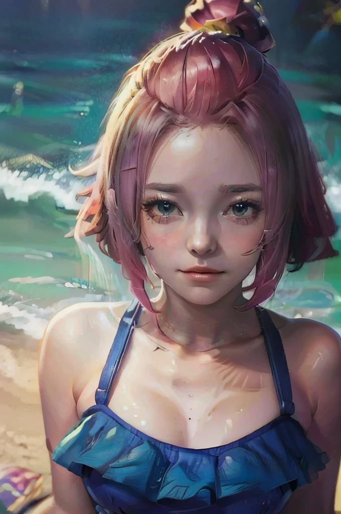 1girl, long pink hair, blue bikini, summer beach scene, tropical palm trees, ocean waves, sand, sunlight, photorealistic, highly detailed, cinematic lighting, vibrant colors, (best quality,8k,highres,masterpiece:1.2),ultra-detailed,(realistic,photorealistic,photo-realistic:1.37)