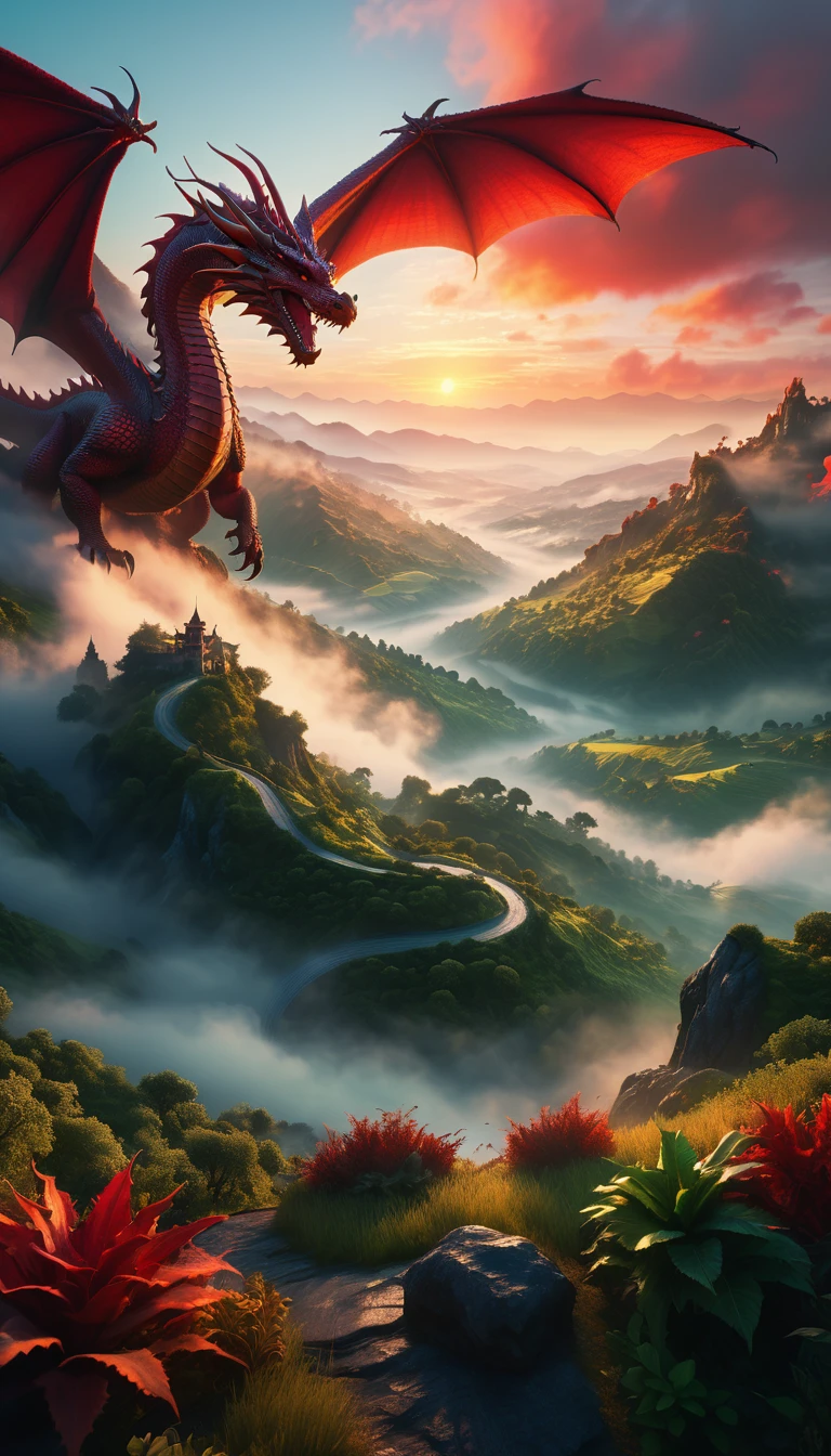 a fantasy mystical landscape, realistic sunrise time, beautiful view, mist in the valleys, waking life, flying big red dragon on the sky, dramatic lighting, epic scale, cinematic, highly detailed, volumetric fog, lush vegetation, rolling hills, glowing sky, vibrant colors, dramatic atmosphere, photorealistic, 8k, intricate details, cinematic composition, masterpiece
