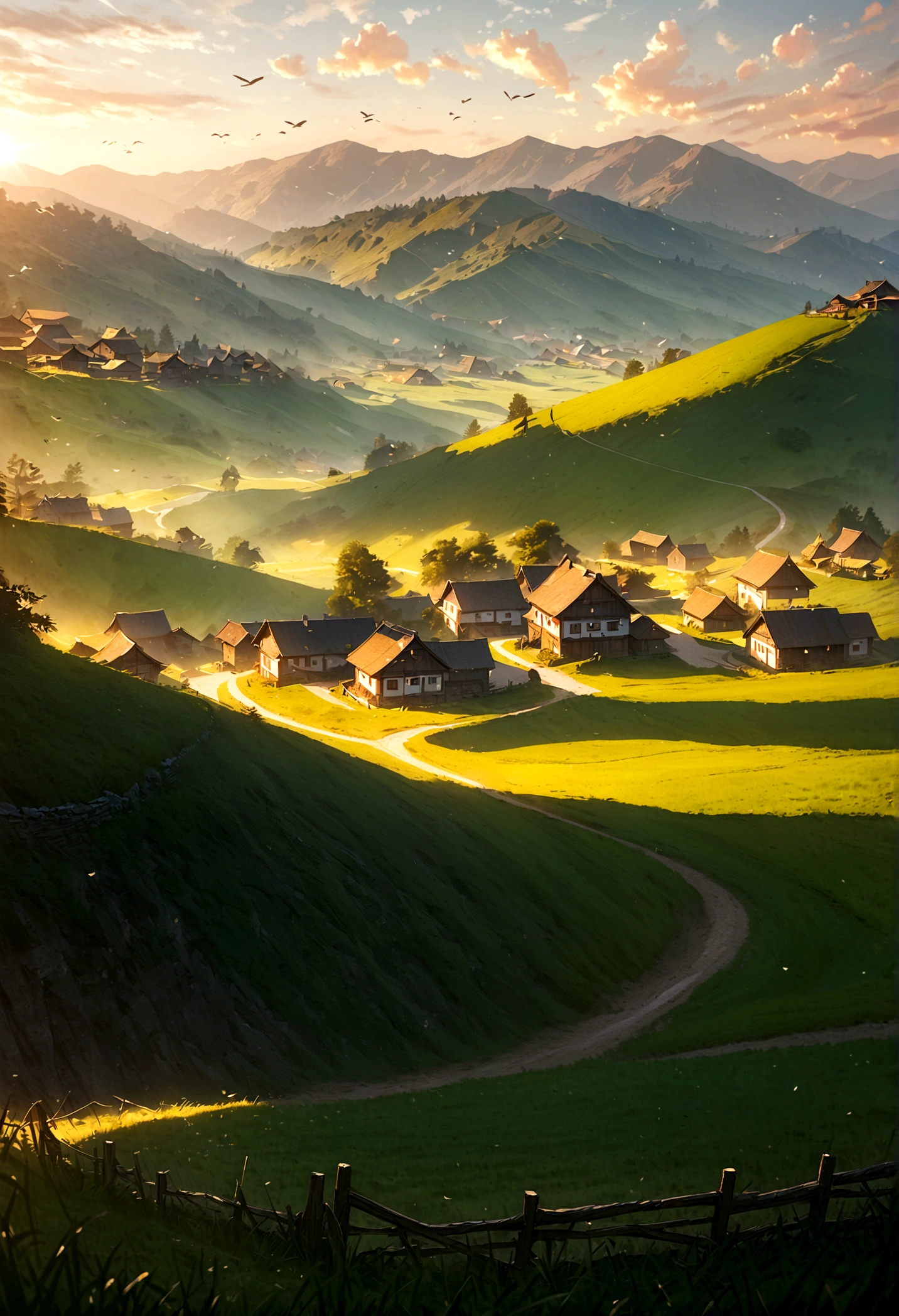 a beautiful sunrise, a peaceful countryside landscape, rolling hills, lush green meadows, a small village in the distance, a wooden fence, a dirt path, a gentle breeze, birds flying in the sky, warm golden sunlight, long shadows, idyllic, serene, beautiful detailed sky with fluffy clouds, highly detailed, 8k, photorealistic, masterpiece，1girl