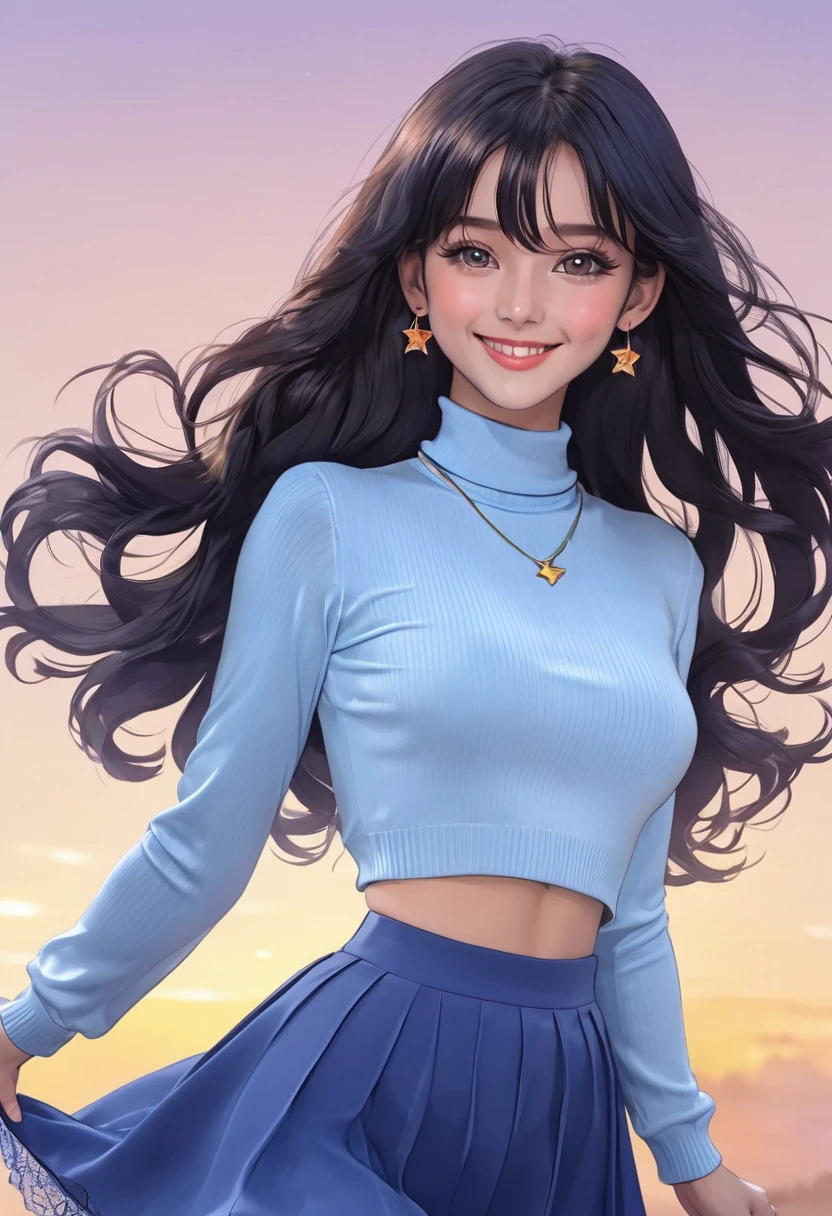 a cute anime girl, 20 years old, short black wavy long hair, bangss, rainbow hair, Puffy nipple, (White Turtleneck Knit), (Blue long skirt), Black stockings, Medium milk, cute smile face, ((Poses that emphasize the buttocks, turned around)), sexy hips, Black High Heels, Big necklace, ((((the wind blew my skirt, expose my panties...)))), (Light blue lace panties), Cute earrings, Tilt your head slightly), sunrise background