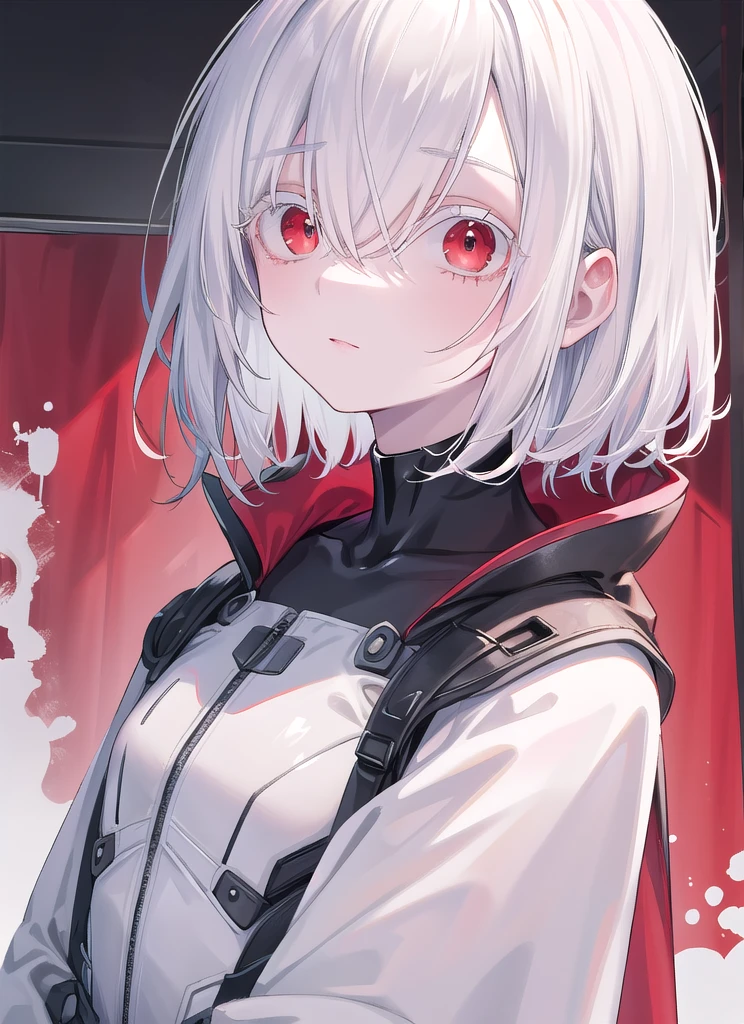 ((best quality)), ((highly detailed)), masterpiece, absurdres, (detailed eyes, deep eyes), cape, bodysuit, albino, white hair, short hair, red eyes, eyelashes, very pale skin, (((side, view portrait)))