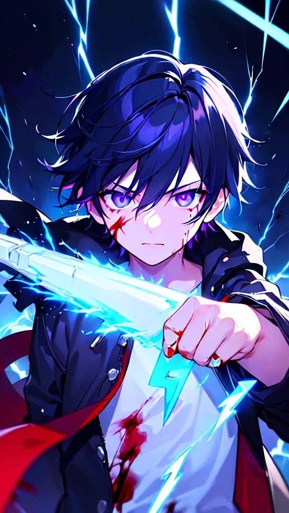 [(BLACK BACKGROUND:1.5),::5], ((((masterpiece)))), high quality, ultra very high resolution, full color, (((solo))), ((little boy)), black hair, ((blue colored inner hair)), ((purple eyes)), anime, ((upper body)), neon light, black parka, (lightning effect:1.2), (Blood effect:1.5)