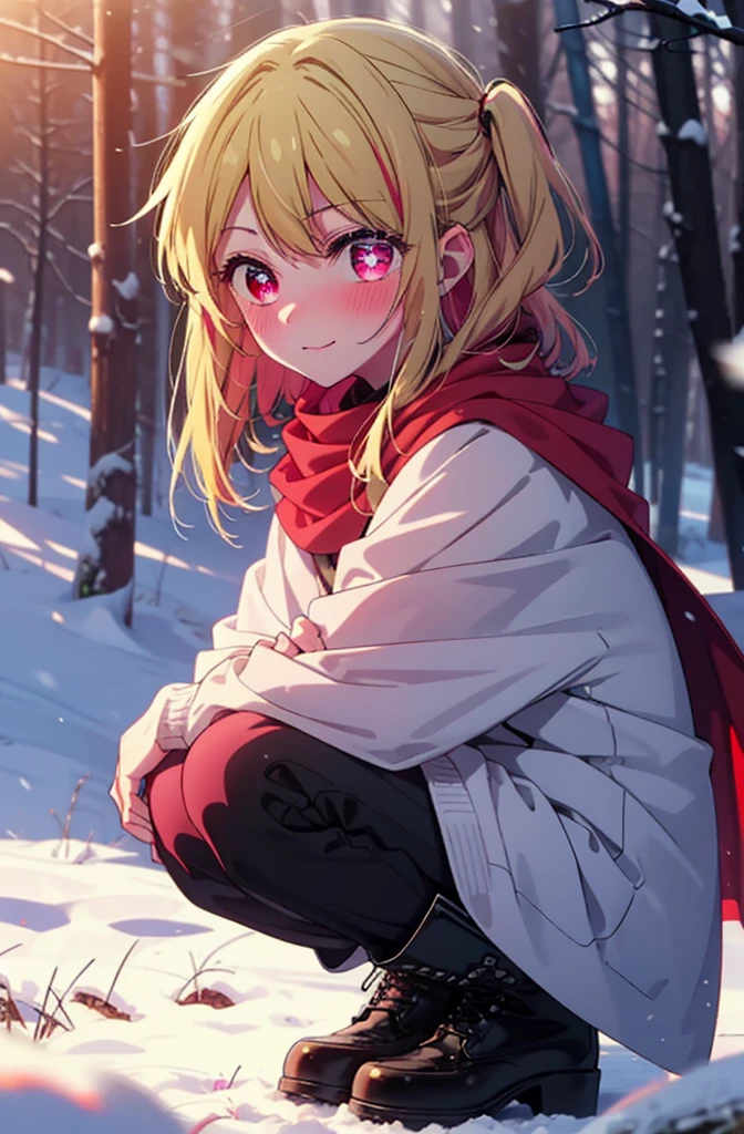 rubyhoshino, Hoshino Ruby, Long Hair, bangs, Blonde, (Pink Eyes:1.3), Side Lock, (Symbol-shaped pupil:1.5), Multicolored Hair, Two-tone hair, smile,,smile,blush,White Breath,
Open your mouth,snow,Ground bonfire, Outdoor, boots, snowing, From the side, wood, suitcase, Cape, Blurred, , forest, White handbag, nature,  Squat, Mouth closed, Cape, winter, Written boundary depth, Black shoes, red Cape break looking at viewer, Upper Body, whole body, break Outdoor, forest, nature, break (masterpiece:1.2), Highest quality, High resolution, unity 8k wallpaper, (shape:0.8), (Beautiful and beautiful eyes:1.6), Highly detailed face, Perfect lighting, Highly detailed CG, (Perfect hands, Perfect Anatomy),