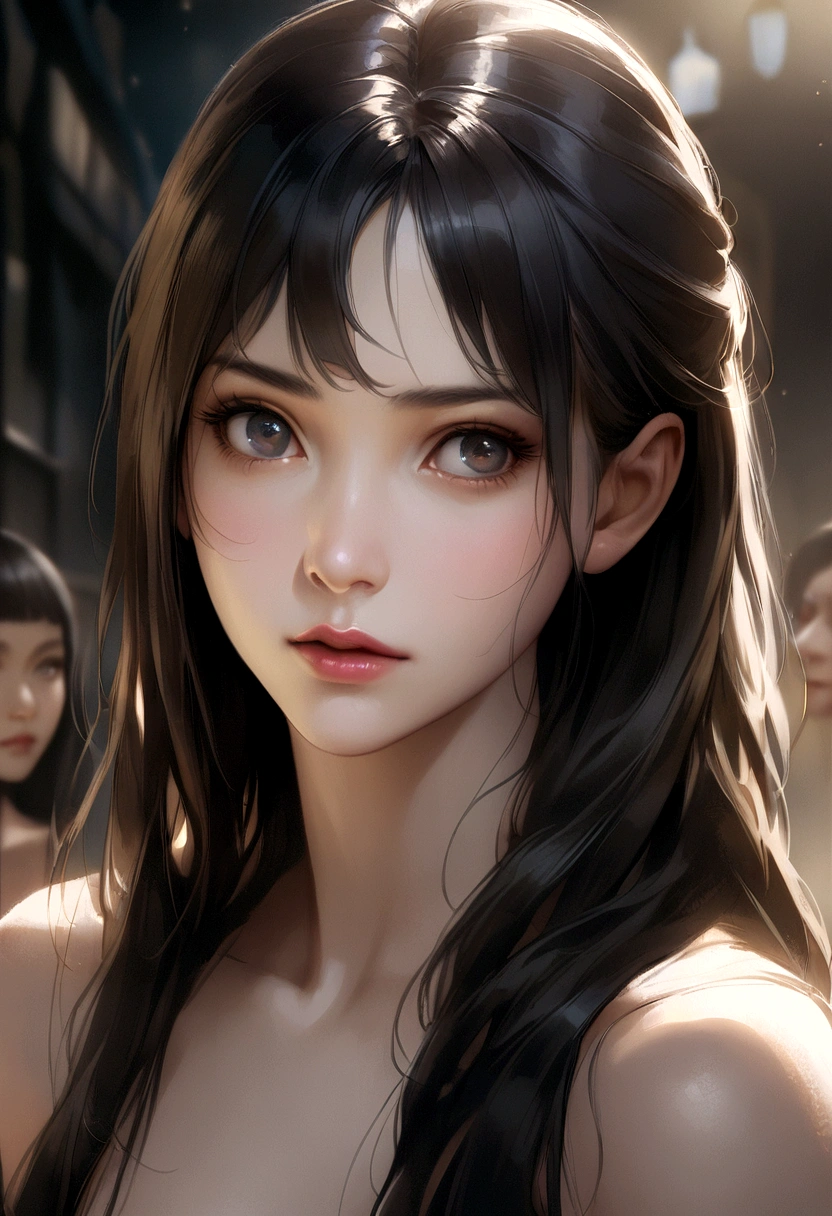 Residential Street、A naked girl looking into the distance、(Black - SeaArt AI