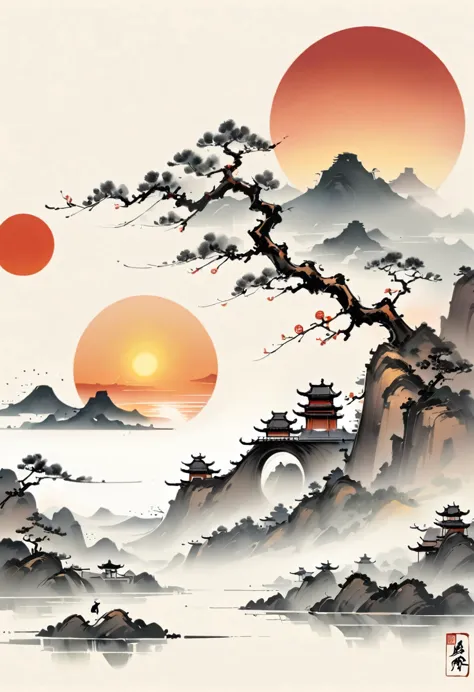 Bada Shanren style,Chinese Ink Painting，Simple style，is capitalized，Very simple pictures，sunrise，People from far away，