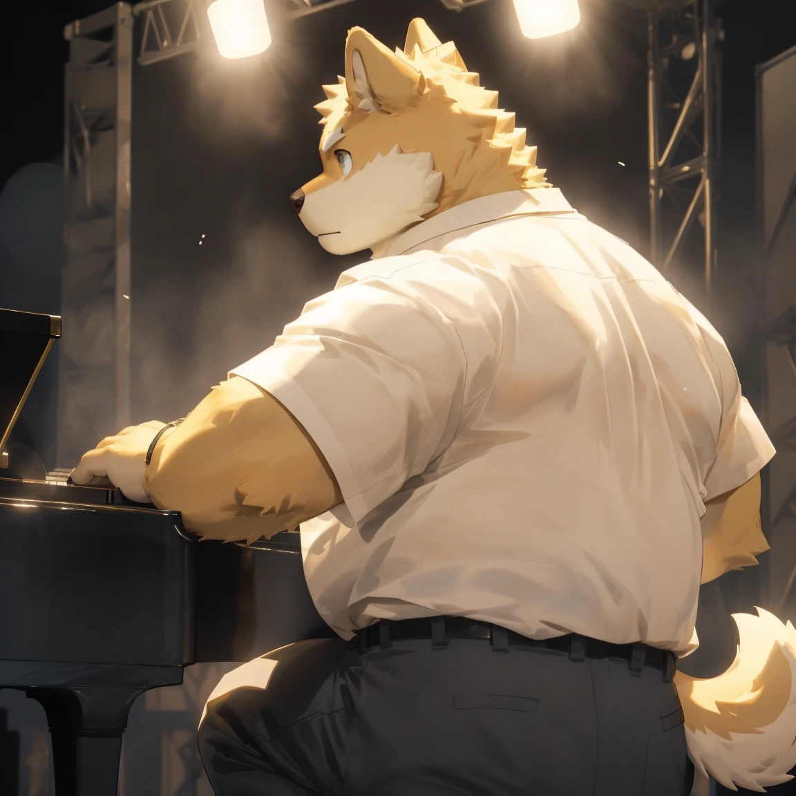 masterpiece, best quality, 8k resolution, Very detailed, hairy，shiba inu，(Black hair)，(((Golden fur)))，(((Golden Eyes)))，Chubby，Chubby face，(((White shirt)))，(((Loose shirt)))，((Black pants))，Highest quality scene，(((Solitary)))，(((solitary)))，((Playing the piano))，((light))，(((piano)))，(((earnest)))，(((Round face)))，(((whole body)))，(((Medium shot)))，(((stage)))，(((on the side of)))，((Sitting on the piano stool))