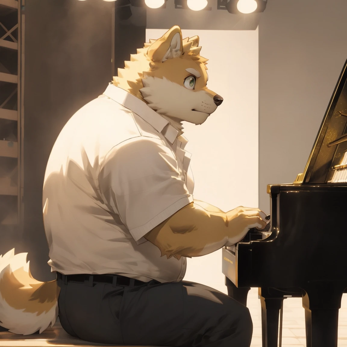 masterpiece, best quality, 8k resolution, Very detailed, hairy，shiba inu，(Black hair)，(((Golden fur)))，(((Golden Eyes)))，Chubby，Chubby face，(((White shirt)))，(((Loose shirt)))，((Black pants))，Highest quality scene，(((Solitary)))，(((solitary)))，((Playing the piano))，((light))，(((piano)))，(((earnest)))，(((Round face)))，(((whole body)))，(((Medium shot)))，(((stage)))，(((on the side of)))，((Sitting on the piano stool))