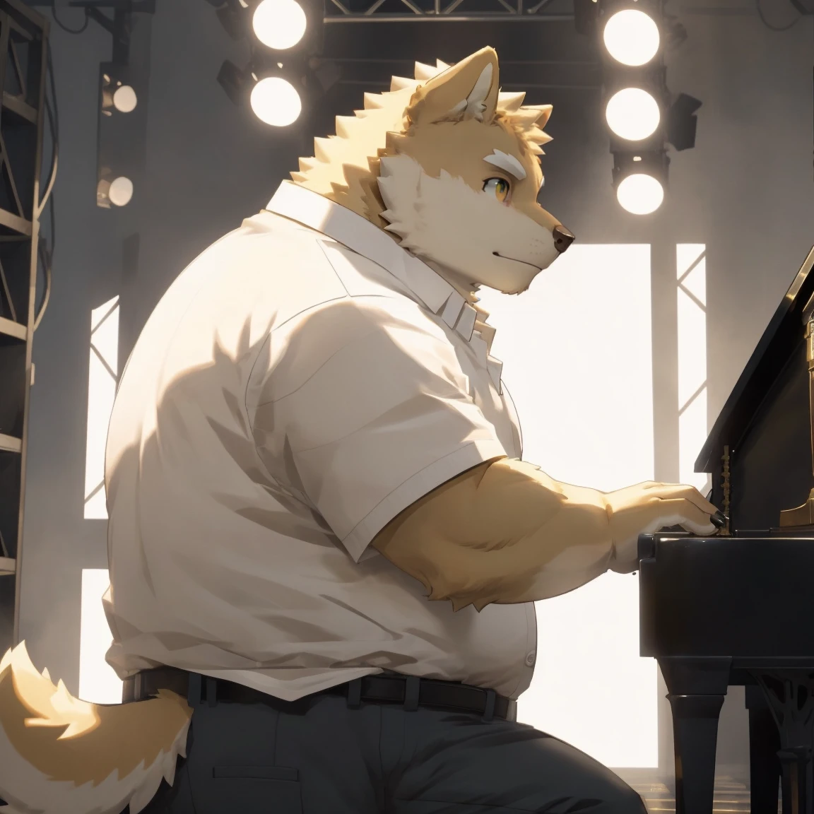 masterpiece, best quality, 8k resolution, Very detailed, hairy，shiba inu，(Black hair)，(((Golden fur)))，(((Golden Eyes)))，Chubby，Chubby face，(((White shirt)))，(((Loose shirt)))，((Black pants))，Highest quality scene，(((Solitary)))，(((solitary)))，((Playing the piano))，((light))，(((piano)))，(((earnest)))，(((Round face)))，(((whole body)))，(((Medium shot)))，(((stage)))，(((on the side of)))，((Sitting on the piano stool))