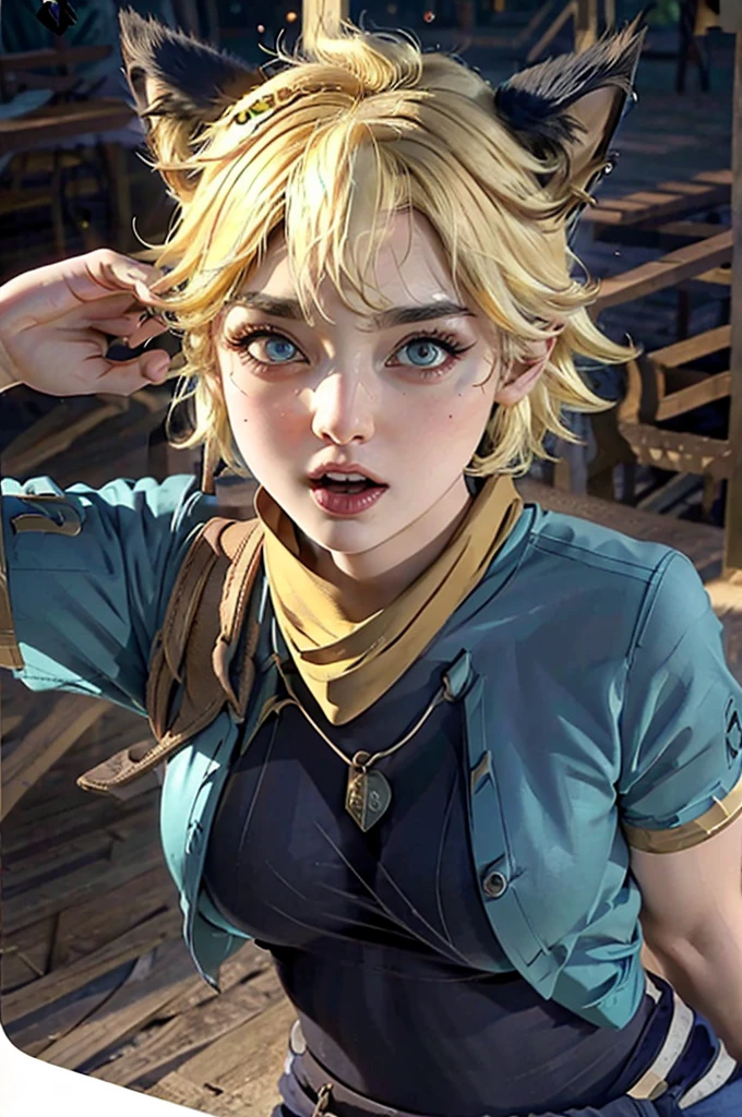 a beautiful girl with fury expression, yellow short hair with cat ears, wearing hot and wearing lingerie with a scarf tied around his neck  , highly detailed, cinematic lighting, vibrant colors, photorealistic, masterpiece, 1girl, beautiful detailed eyes, beautiful detailed lips, extremely detailed face, long eyelashes, dramatic pose, intricate details, sharp focus, volumetric lighting, hyperrealistic, 8k, high quality naughty, tongue out 