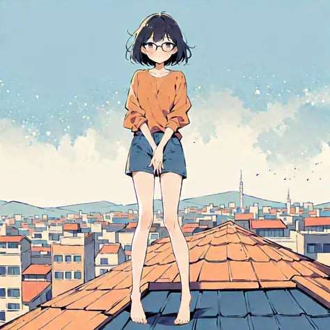(Person Standing on the Rooftop:1.3)，Girl on the rooftop，Simple lineinimalism，Abstract Art，City background, urge to pee, coverin...