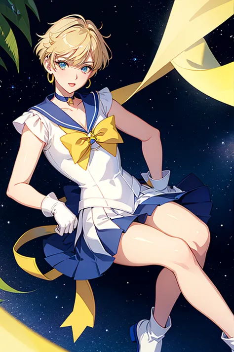 sailor uranus,one girl,blonde,blue choker,blue footwear,blue sailor collar,blue skirt,boots,choker,circlet,earrings,gloves,jewel...