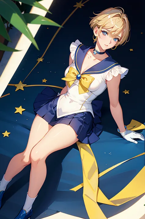 sailor uranus,one girl,blonde,blue choker,blue footwear,blue sailor collar,blue skirt,boots,choker,circlet,earrings,gloves,jewel...