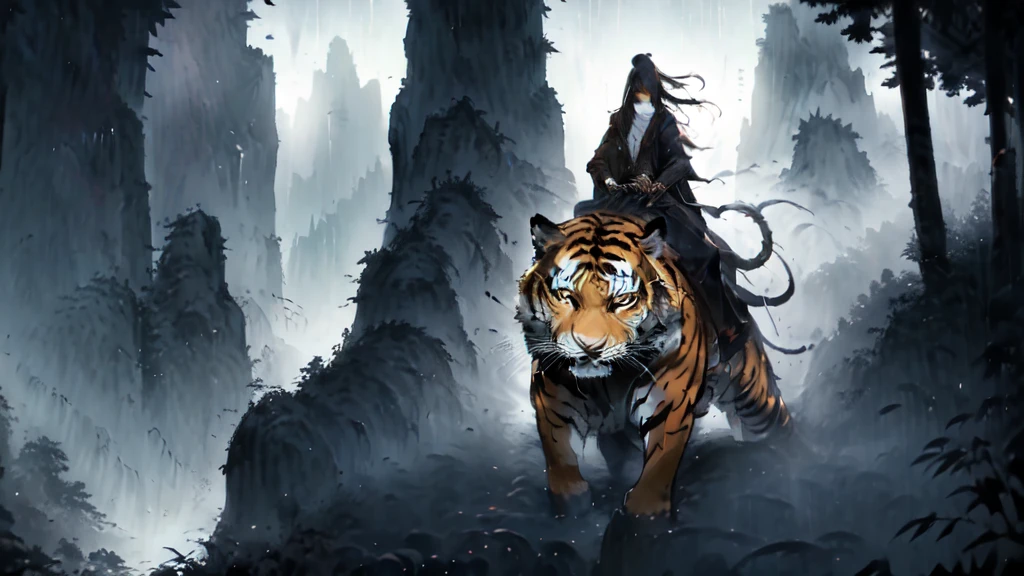 absurdres, (immortal ethereal theme:1.2), Amazing person々, Heavy Rain, storm, Cloudy, darkness, storm, Vision, Mysterious Clouds, cliff,Thick Fog,Thick Fog, forest,  wood, Only light from the window, Poor visibility, Monster, (Riding a giant tiger:1.1), 1girl