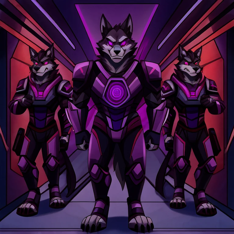(masterpiece, best quality:1.2), Vortex hellhounds, group of male bodyguards, wolves, furry, helluva boss, hypnotized with glowing purple eyes, angry serious face, wearing futuristic armor, using a Pulse Rifle, Energy Rifle, Futuristic assault rifle, marching in a futuristic hallway background
