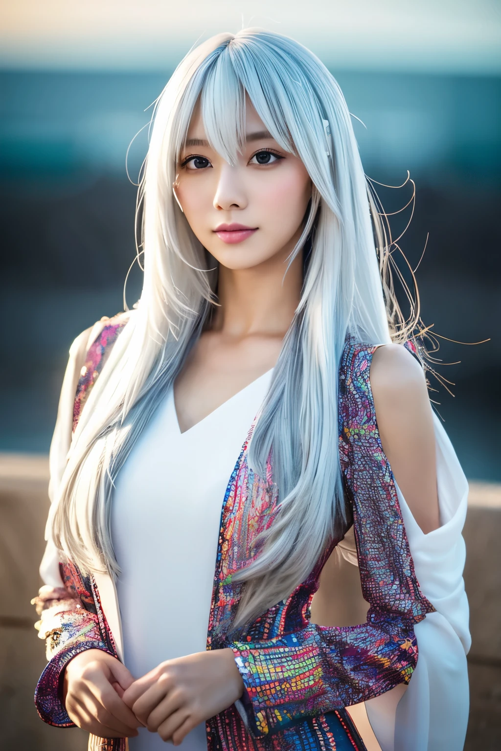 Masterpiece, high quality, high resolution, 8K, (solo:1.2), ((1girl)), Japanese woman, detailed face, detailed eyes, correct body structure, upper body, ((White hair:1.2)), very long hair, messy hair, slender body, seductive silhouette, luminous bones, depth of field, dark photo at nighttime, dimly lit, bangs, Cinematic Lighting, Tyndall effect, abstract background, futuristic outfits, vibrant colors, modern style, wide sleeves, artistic, unique patterns, colorful, stylish, trendy